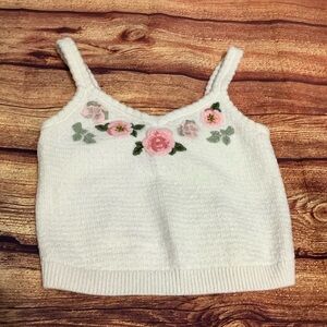 Alice + Olivia White Tank Top with Pink Floral Embroidery